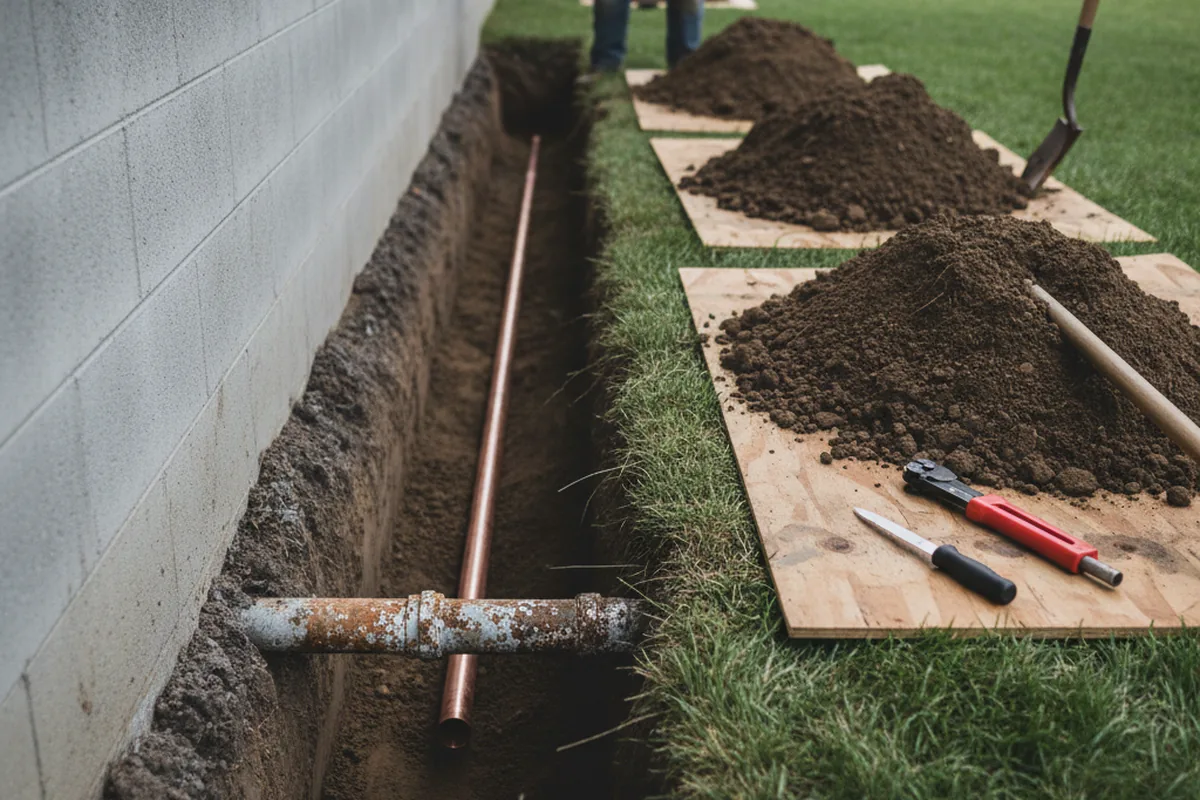Excavated water line trench during Sewer Line Repair in Grove City